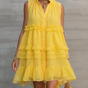 Urban Plain Peplum V Neck Mini Dress, Mini Dresses, color:Yellow|size:XXL, Stylewe