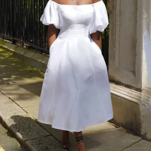 Cotton Urban Plain Puff Sleeve Cold Shoulder Midi Dress, Midi Dresses, color:White|size:XXL, Stylewe