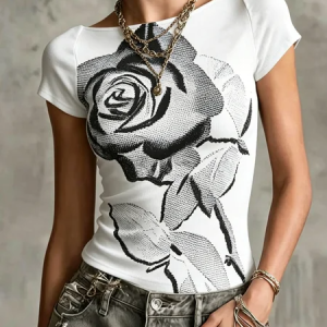 Casual Floral Off The Shoulder T-shirt, Tees, color:As Picture|size:XXL, Stylewe