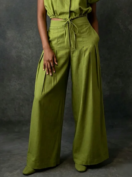 Cotton Urban Plain Wide Leg Pants, Pants, color:Green|size:XXL, Stylewe - Image 2