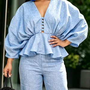 Cotton And Linen Urban Plain Gathered V Neck Blouse, Blouses and Shirts, color:Blue|size:XXL, Stylewe