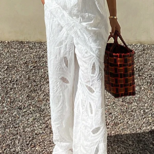 Casual Plain Embroidery Hollow out Straight Pants, Pants, color:White|size:XXL, Stylewe