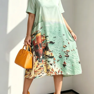 Casual Random Print Printing Midi Dress, Midi Dresses, color:Green|size:XXL, Stylewe