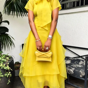 Elegant Solid Tailored Tiered Maxi Dress, Maxi Dresses, color:Yellow|size:XXL, Stylewe