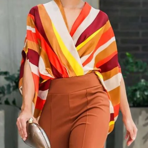 Vacation Striped Printing Cross Neck Blouse, Blouses and Shirts, color:As Picture|size:XXL, Stylewe