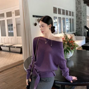 Binguo Full Wool Purple Shoulder Knitted Sweater Women's Early Spring High-End Feeling Base Shirt Warm One-Shoulder Knitwear - AliExpress Sweaters&Jumpers