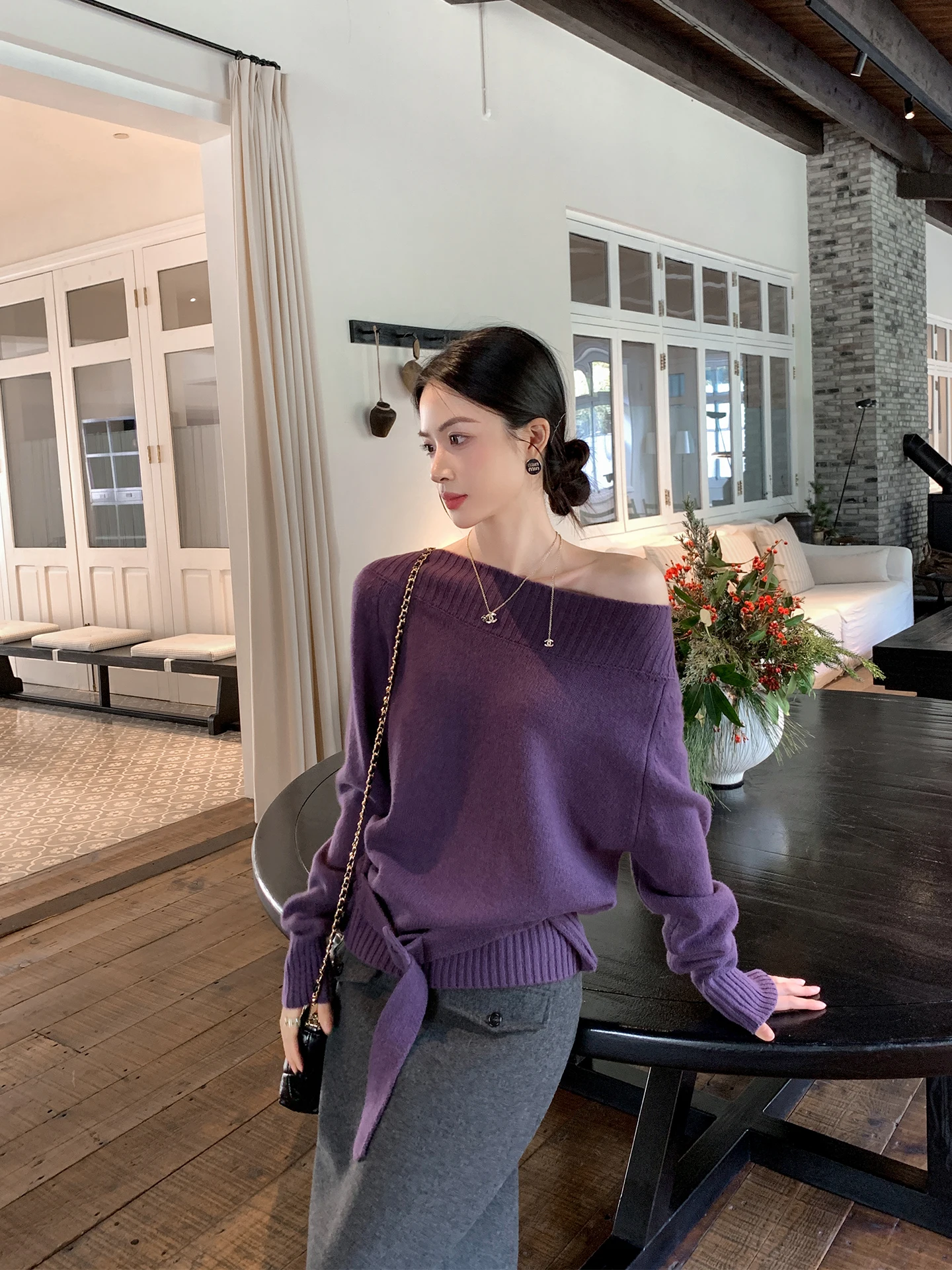 Binguo Full Wool Purple Shoulder Knitted Sweater Women's Early Spring High-End Feeling Base Shirt Warm One-Shoulder Knitwear - AliExpress Sweaters&Jumpers
