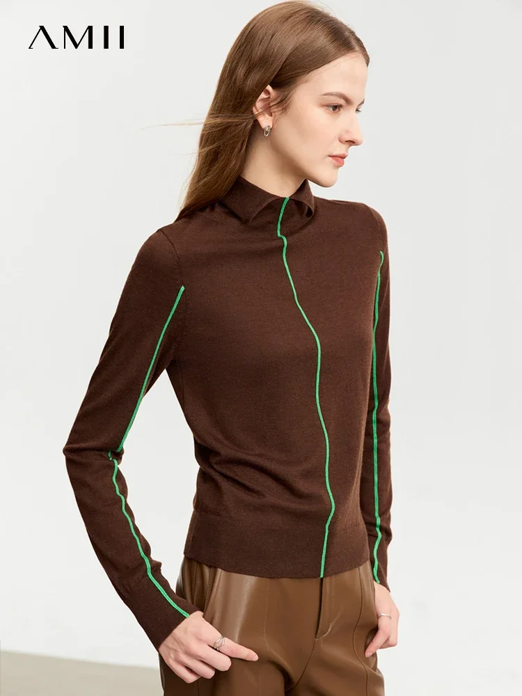 AMII 2025 Autumn Sweater For Women New Commuter Contrast Stitching Lapel Merade Color Slim Soft Knitwears Jumper Lady 12343193 - AliExpress Sweaters&Jumpers