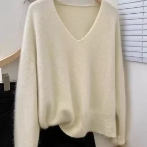 ATTYYWS  100% wool sweater women's knitted casual loose autumn and winter new V-neck women's pullover wool sweater Solid color - AliExpress Sweaters&Jumpers