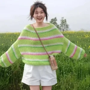 Striped women's shirt, hand woven top, single neck loose casual and lazy style, new fashion, youthful and beautiful, spring 2025 - AliExpress Sweaters&Jumpers