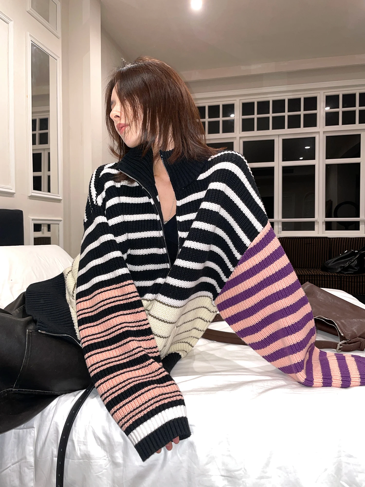 JCCC adow Pixel Rhythm Color Blo Striped Knitwear Cardigan Versatile Stripe Contrast Color Knitted Sweater Coat for Women - AliExpress Sweaters&Jumpers