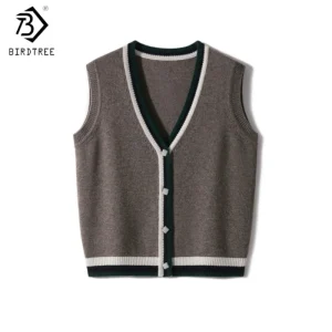 Birdtree,90% Wool 10% Cashmere Vest,Woman V-neck Sleeveless Warmth Coat,Single Breasted,2025 Autumn Winter Waistcoat T5D509JF - AliExpress Sweaters&Jumpers