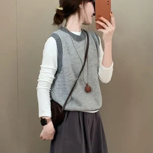 Bla Stripe round Ne Svel Knitted Vest RIXO RNUNES New Early Autumn Top Layering Faion Commute Loose Fit Warmth - AliExpress Sweaters&Jumpers