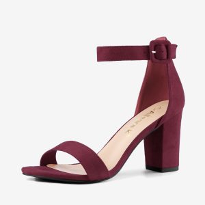 Faux Suede High Chunky Heel Buckle Ankle Strap Sandals Burgundy/9 - Allegra K catalog