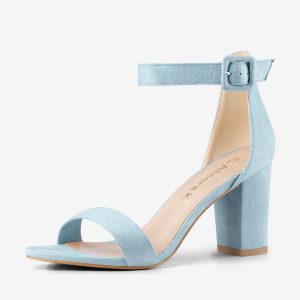 Faux Suede High Chunky Heel Buckle Ankle Strap Sandals Sky Blue/5.5 - Allegra K catalog