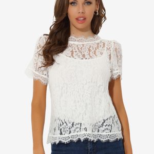 Lace Floral Scalloped Trim Short Sleeve Semi Sheer Blouse White/XS - Allegra K catalog