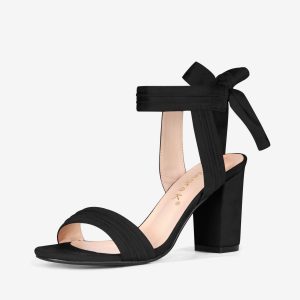 Faux Suede Open Toe Ankle Tie Back Chunky Heel Sandals Black/5.5 - Allegra K catalog