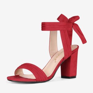 Faux Suede Open Toe Ankle Tie Back Chunky Heel Sandals Red/9 - Allegra K catalog