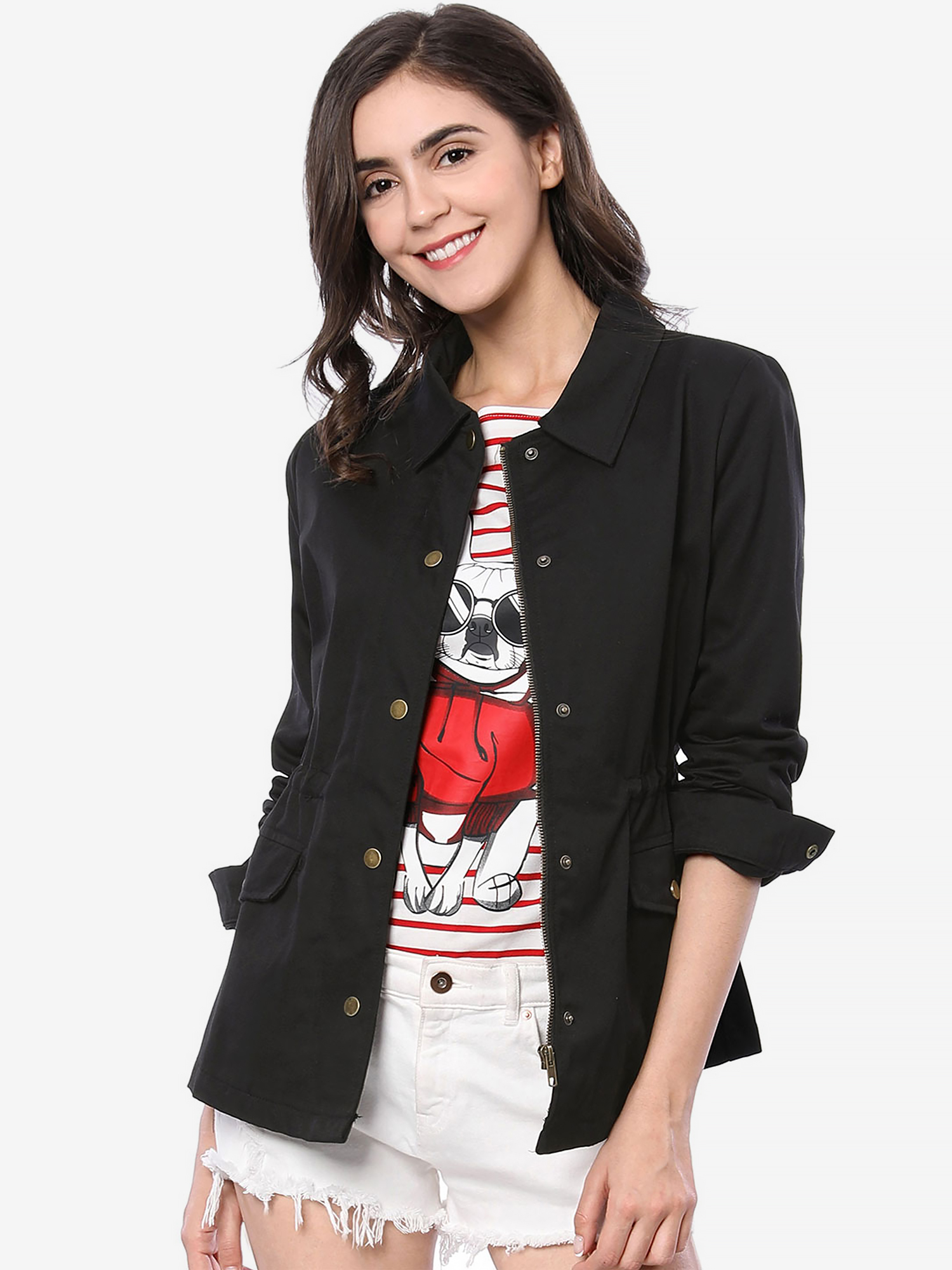 Drawstring Waist Flap Pocket Lightweight Utility Safari Jacket Black/L - Allegra K catalog