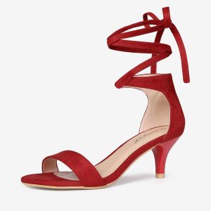 Faux Suede Open Toe Kitten Heel Lace Up Sandals Red/6 - Allegra K catalog