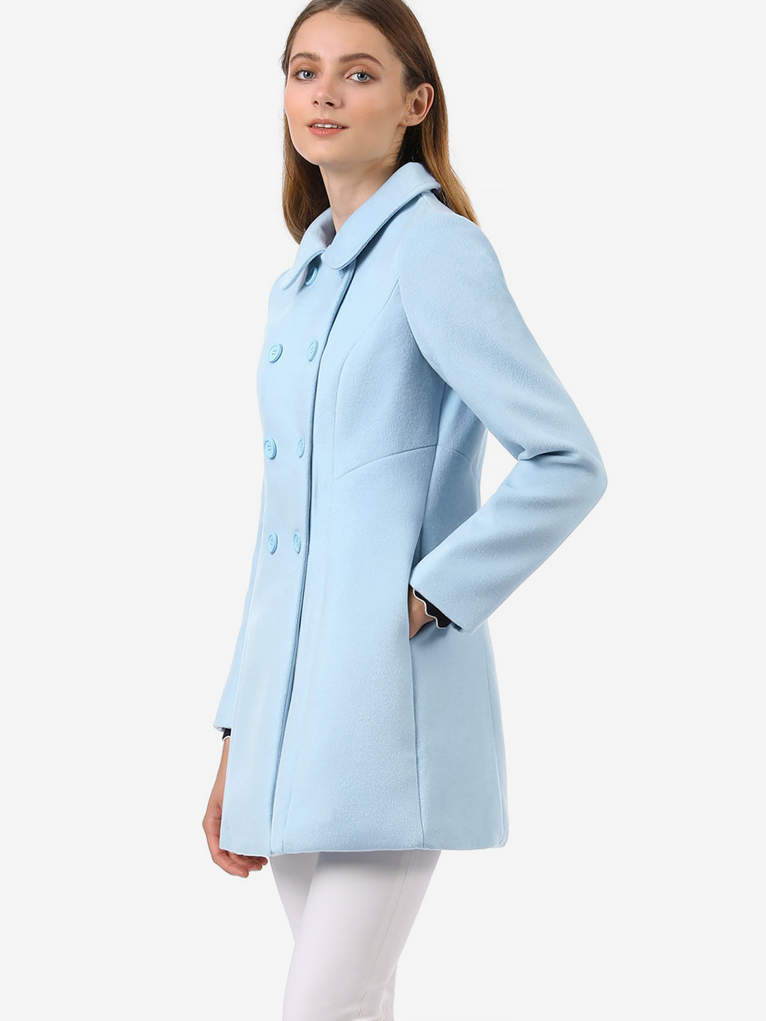 Peter Pan Collar Double Breasted Long Trench Pea Coat Blue/L - Allegra K catalog