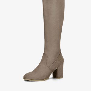 Side Zipper Faux Suede Chunky Heel Knee High Boots Taupe/5.5 - Allegra K catalog