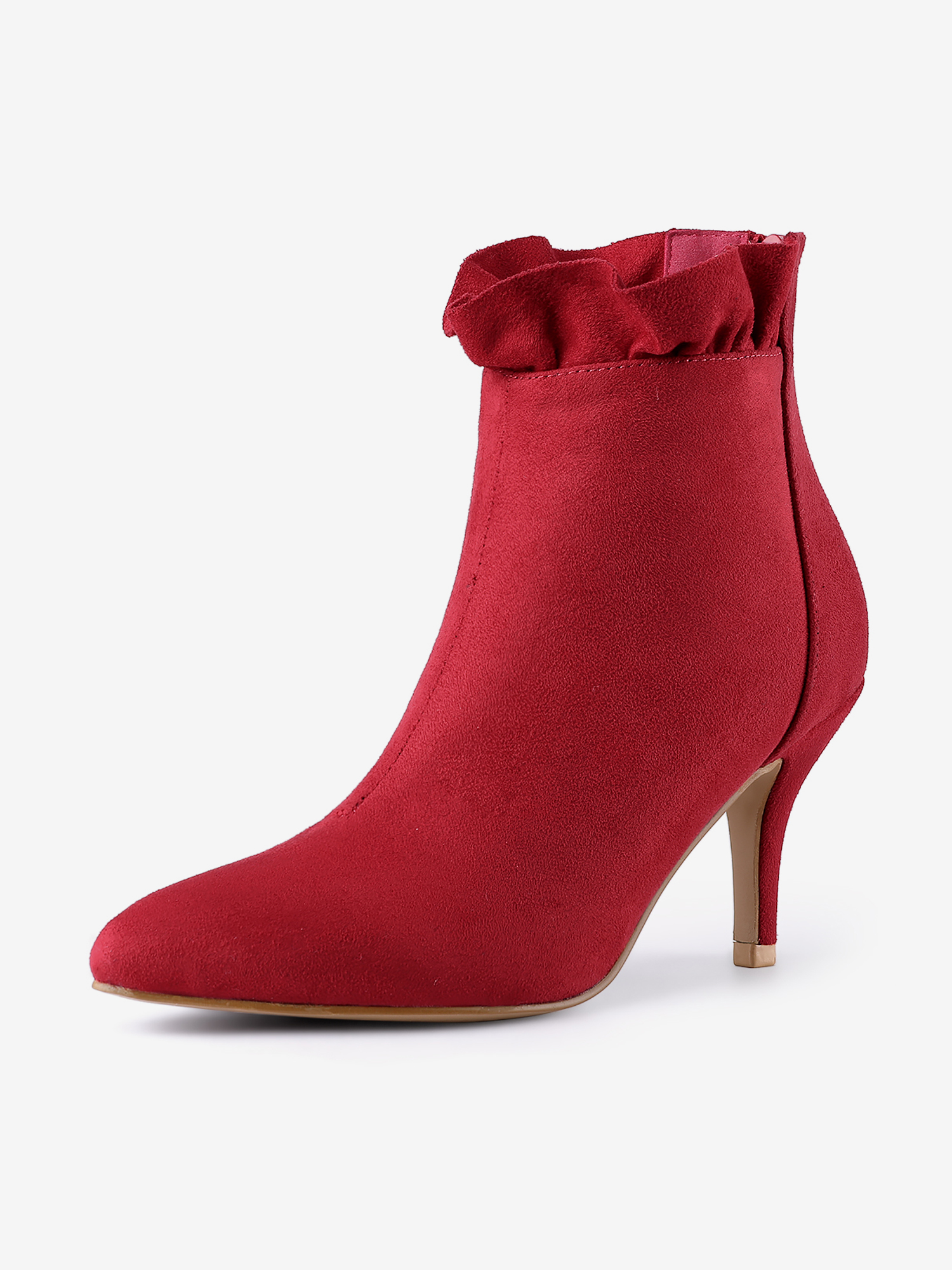 Pointed Toe Stiletto Heel Ruffle Ankle Boots Red/10 - Allegra K catalog