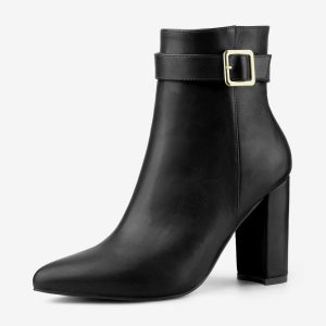 Pointed Toe Buckle Decor Heel Ankle Booties Black/7 - Allegra K catalog