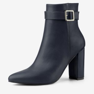 Pointed Toe Buckle Decor Heel Ankle Booties Navy Blue/10 - Allegra K catalog