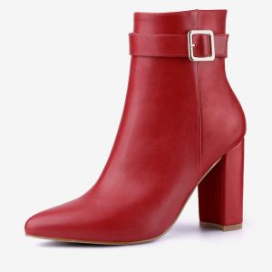 Pointed Toe Buckle Decor Heel Ankle Booties Red/6 - Allegra K catalog