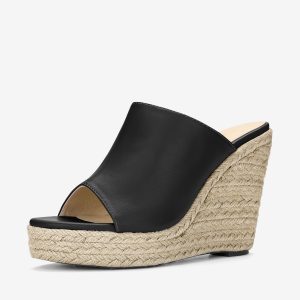 PU Leather Open Toe Espadrille Wedge Platform Mules Black/7.5 - Allegra K catalog