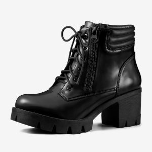 Lug Sole Zip Combat Block Heel Ankle Boots Black/7 - Allegra K catalog