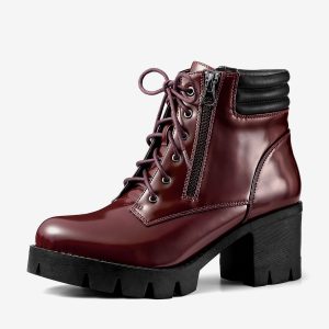 Lug Sole Zip Combat Block Heel Ankle Boots Burgundy/10 - Allegra K catalog