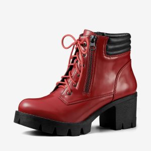 Lug Sole Zip Combat Block Heel Ankle Boots Red/6 - Allegra K catalog