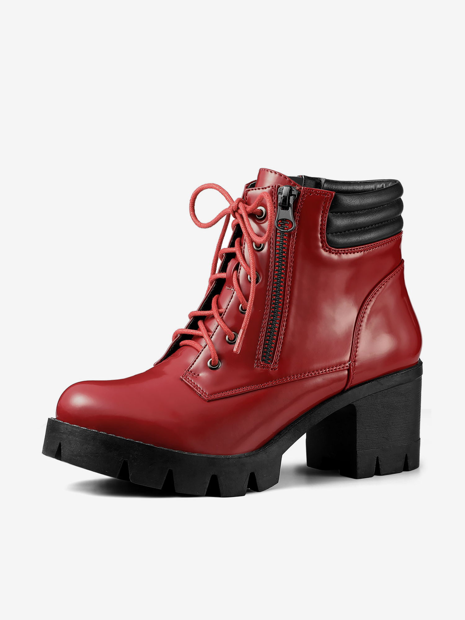 Lug Sole Zip Combat Block Heel Ankle Boots Red/7 - Allegra K catalog