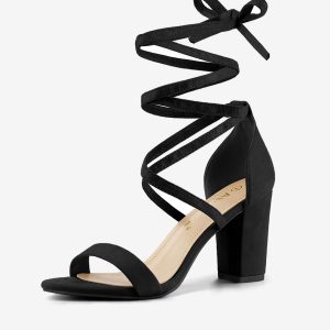 Faux Suede Open Toe Lace Up Chunky High Heel Sandals Black/9.5 - Allegra K catalog