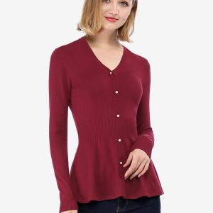 V Neck Long Sleeve Ribbed Pullover Knitted Peplum Top Burgundy/XS - Allegra K catalog