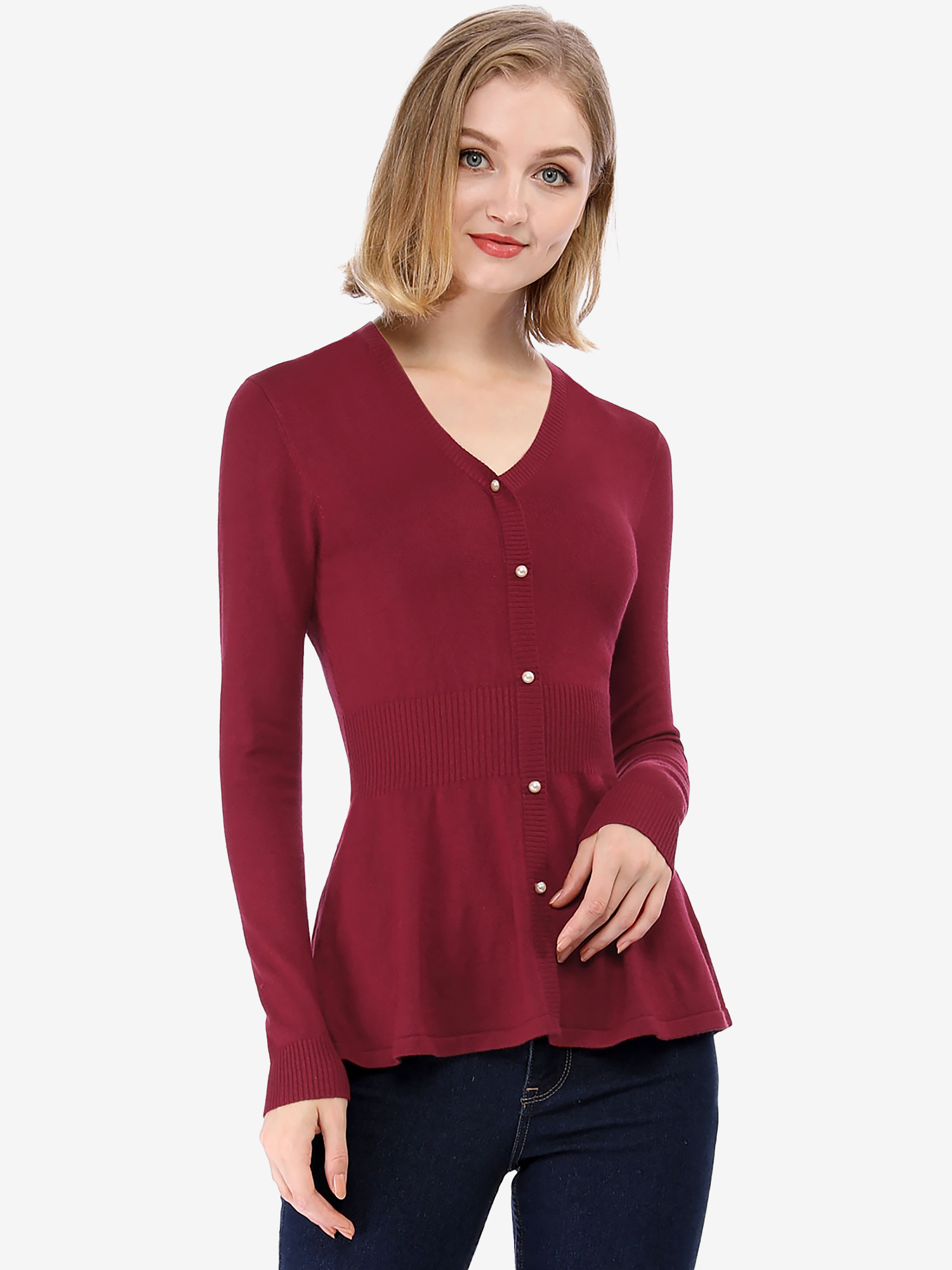 V Neck Long Sleeve Ribbed Pullover Knitted Peplum Top Burgundy/XS - Allegra K catalog