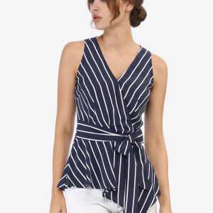 Sleeveless V Neck Tie Waist Asymmetric Hem Wrap Peplum Top Blue/S - Allegra K catalog