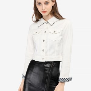 Button Down Long Sleeve Casual Cropped Denim Jacket White/M - Allegra K catalog