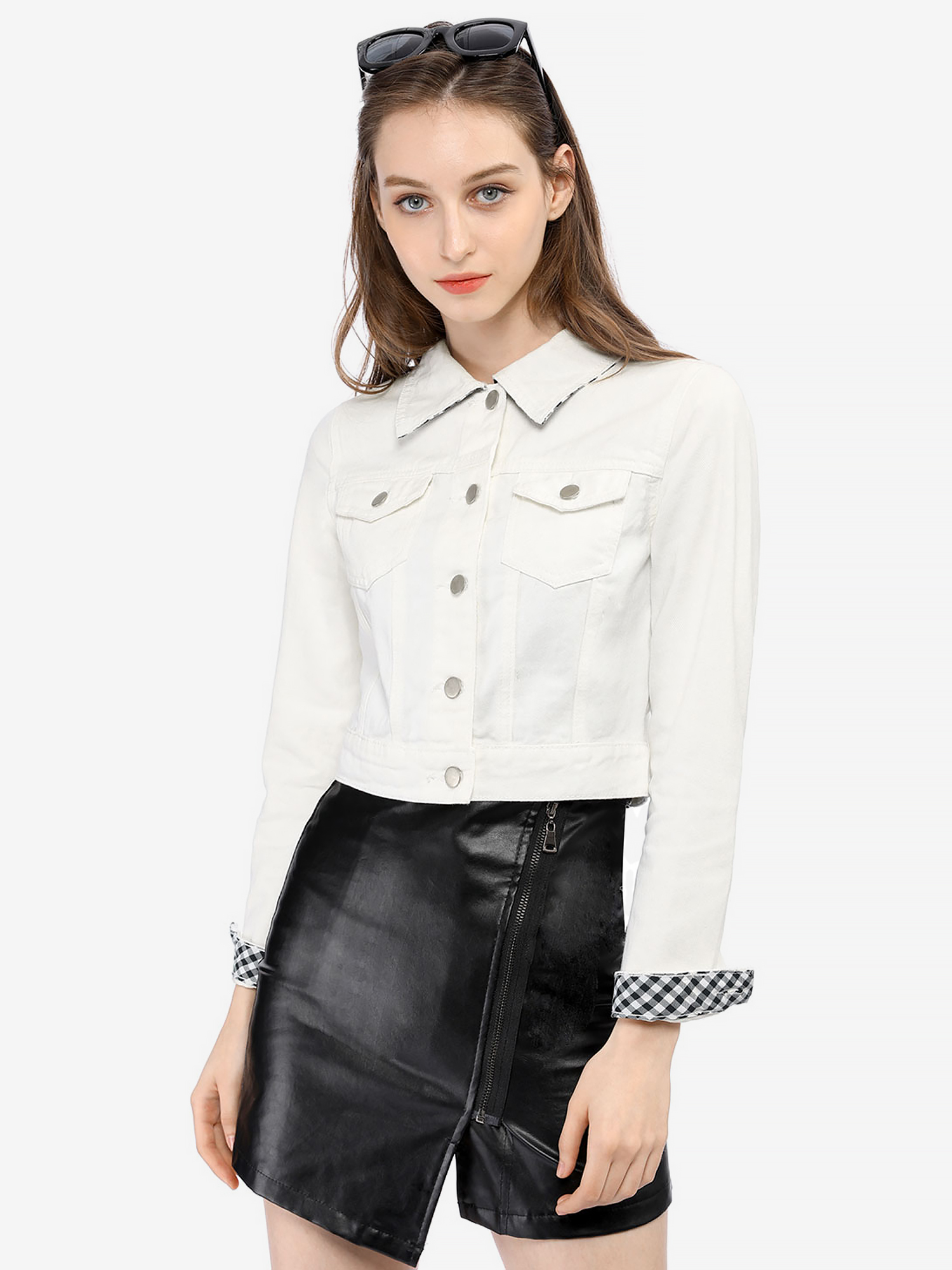 Button Down Long Sleeve Casual Cropped Denim Jacket White/M - Allegra K catalog