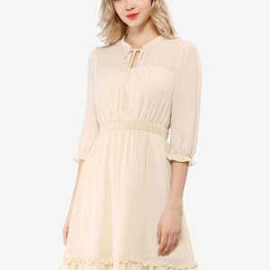 Ruffle Hem 3/4 Sleeve A-Line Smocked Midi Chiffon Dress Beige/M - Allegra K catalog