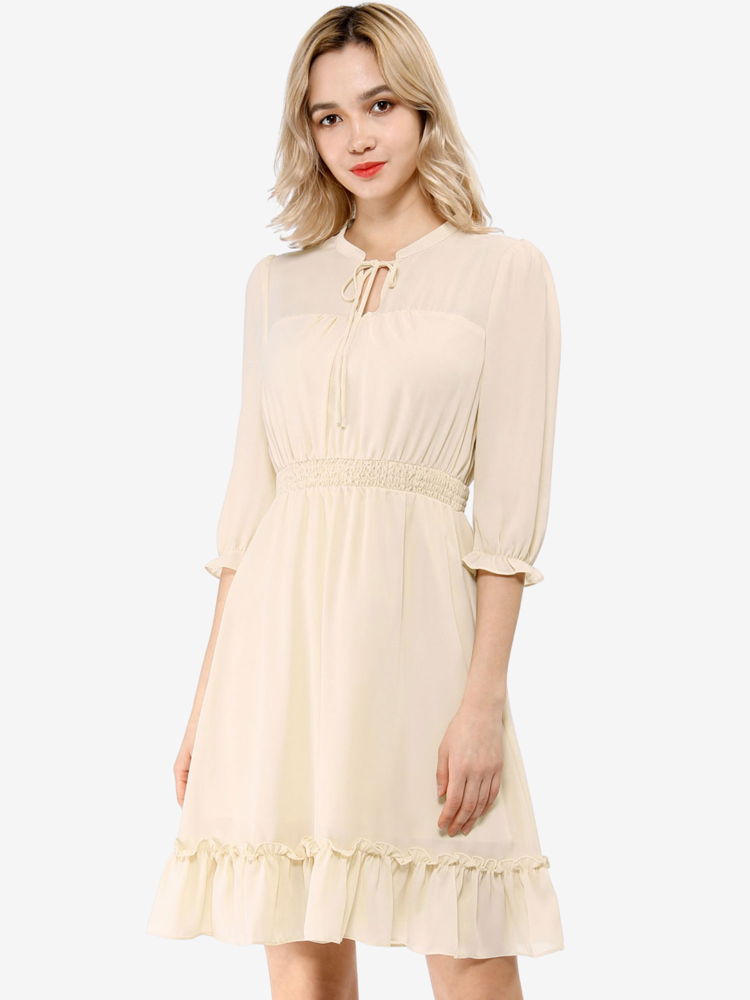 Ruffle Hem 3/4 Sleeve A-Line Smocked Midi Chiffon Dress Beige/XL - Allegra K catalog