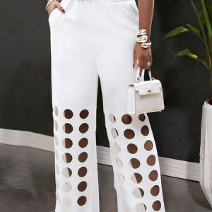 Casual Geometric Hollow Out Straight Pants, Pants, color:White|size:XXL, Stylewe