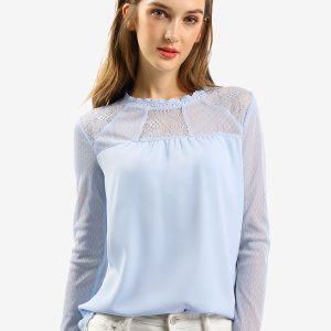 Lace Mesh Long Sleeve Top Round Neck Casual Elegant Blouse Light Blue/XL - Allegra K catalog