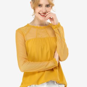 Lace Mesh Long Sleeve Top Round Neck Casual Elegant Blouse Yellow/M - Allegra K catalog