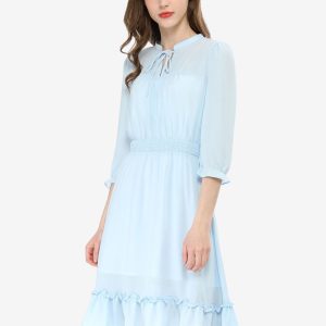 Ruffle Hem 3/4 Sleeve A-Line Smocked Midi Chiffon Dress Blue/XS - Allegra K catalog