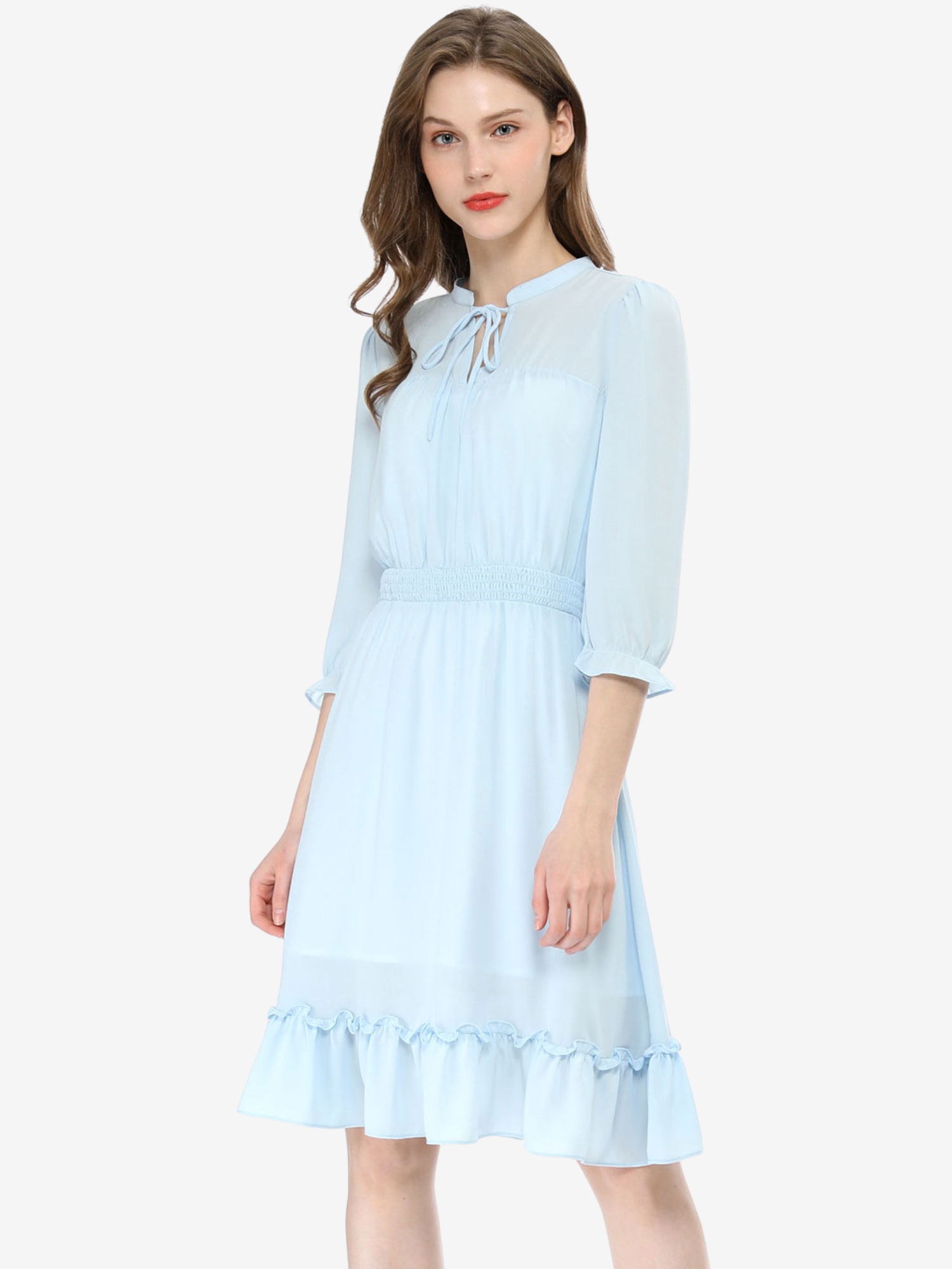 Ruffle Hem 3/4 Sleeve A-Line Smocked Midi Chiffon Dress Blue/S - Allegra K catalog