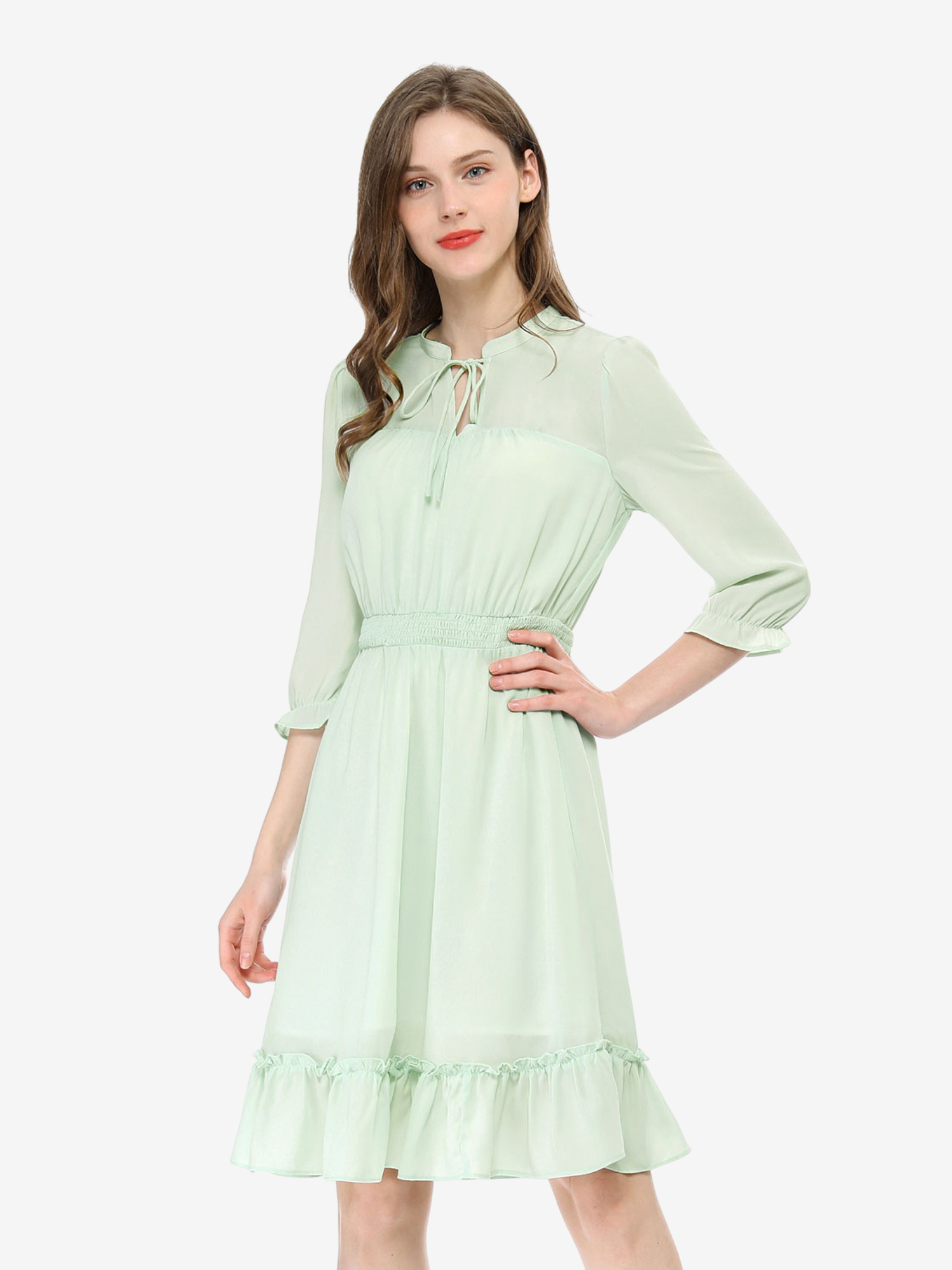 Ruffle Hem 3/4 Sleeve A-Line Smocked Short Chiffon Dress Green/L - Allegra K catalog
