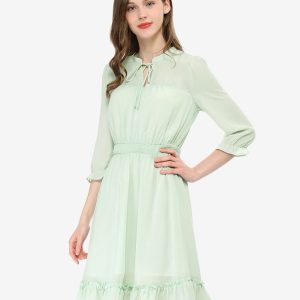 Ruffle Hem 3/4 Sleeve A-Line Smocked Short Chiffon Dress Green/XL - Allegra K catalog